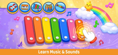 Piano Kids Music Learning Game - Discover how the app features vibrant xylophone bars and a diverse selection of instrument icons for interactive sound learning.