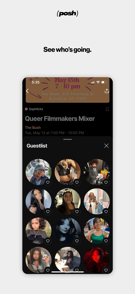 Posh – Create & Find Events - Users can explore event specifics including the host's profile and a visual guestlist of attendees, fostering social connections.