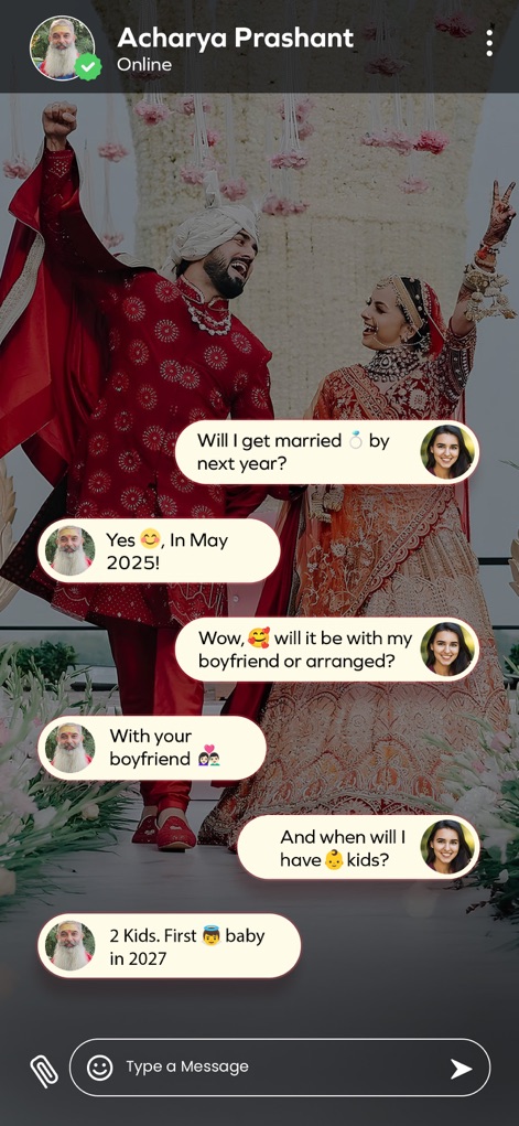Anytime Astro Live Chat & Talk - Experience the seamless "Chat with an Astrologer" interface, where users can ask specific questions like "Will I get married by next year?" and receive instant replies.