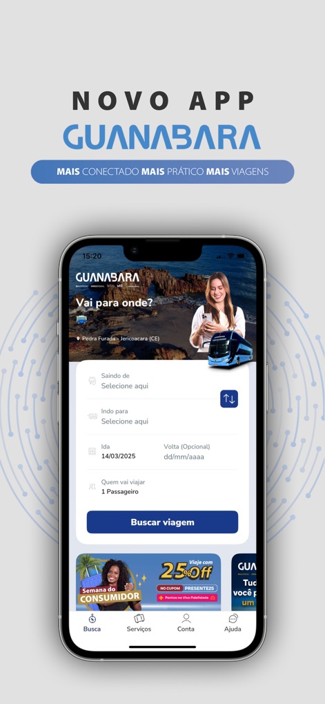 Guanabara: passagens de ônibus - The app offers an intuitive homepage with a clear 'Vai para onde?' destination selector and a streamlined search form for quick trip planning.