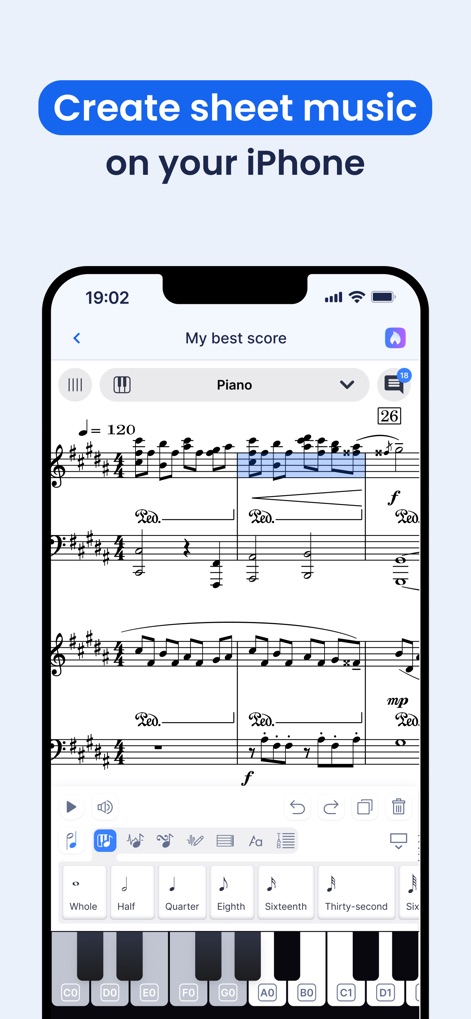 Flat: Music Score & Tab Editor - See how the app provides quick notation input with a touch piano and a detailed score display for mobile music creation.