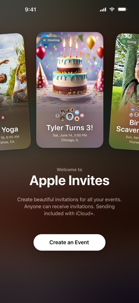 Apple Invites - Diese Ansicht präsentiert verschiedene Veranstaltungskarten mit individuellen Hintergründen und zeigt die Teilnehmer über Profilbilder an, was eine schnelle Übersicht ermöglicht.
