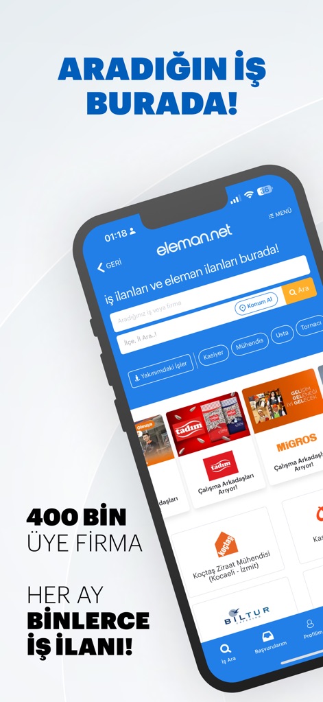 eleman.net İş İlanı Ara & Bul - Users can efficiently search for jobs using the prominent search bar and browse through job listings from diverse companies like Tadım and Migros.