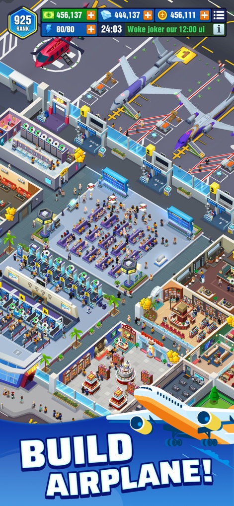 Idle Airport Empire Tycoon - Explore the bustling terminal interior and the variety of parked aircraft, showcasing the dynamic environment of the airport.
