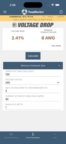Southwire® Voltage Drop Calc iPhone screenshot