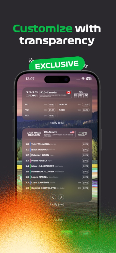 Racify - This tool offers customizable widgets with transparent backgrounds, allowing users to overlay Last Race Results and the upcoming race schedule seamlessly onto their chosen wallpaper.