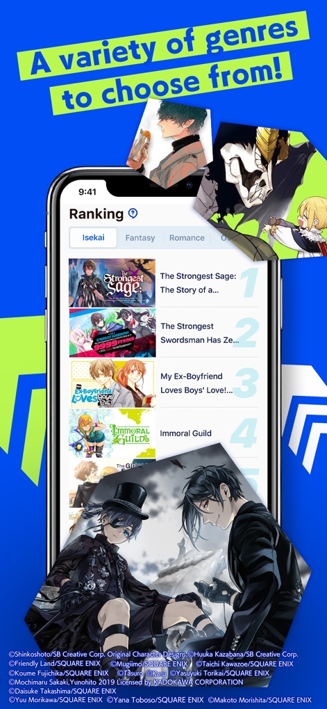 Manga UP! - Navigate an extensive library with genre-specific tabs like Isekai and Fantasy, featuring a dynamic ranking display of trending series covers.
