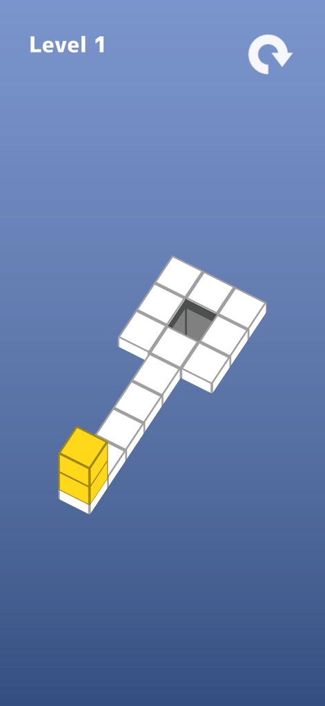Block Escape: 3D Block Puzzle - Users can observe the initial puzzle setup with the distinctive yellow 3D block and the minimalist white tiled path leading to the goal.