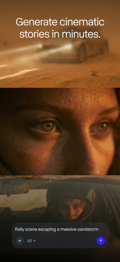 RunwayML - Dieses Beispiel zeigt die Fähigkeit der App, detailreiche Filmszenen zu generieren, wie eine staubige Rallye-Verfolgung in der Wüste und eine Nahaufnahme des Ausdrucks einer Person.