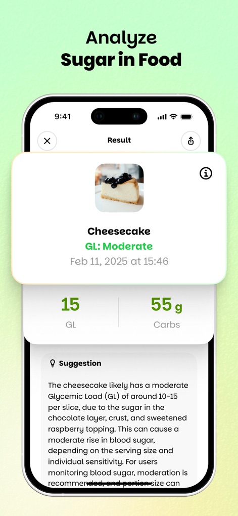 Wellify - Simplify Wellness - El análisis de alimentos revela el contenido de azúcar y la carga glucémica (GL), proporcionando sugerencias detalladas para una toma de decisiones informada sobre la dieta.
