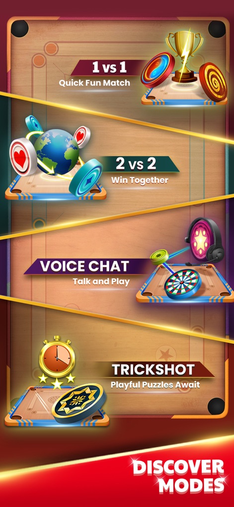 Carrom King - This display reveals the app's diverse game modes, from quick 1 vs 1 matches to challenging Trickshot puzzles that test skills.