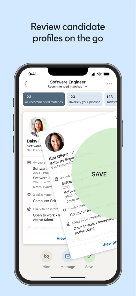 LinkedIn Recruiter - Explore how users can efficiently review best-matching candidates through "Recommended matches" and interact with profiles using the "SAVE" and "Message" options.