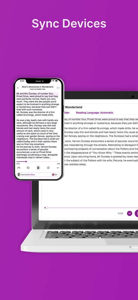 Text Reader - Text to Speech - The app ensures continuous content access across platforms, visually representing synchronized text and playback controls on both a mobile phone and a laptop screen.