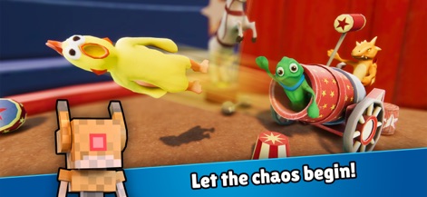 Battle Gang－Beast Fight Games - This screenshot captures a whimsical game mode featuring a chicken character flying through the air while a green chameleon character is launched from a cannon in a playful circus-themed environment.