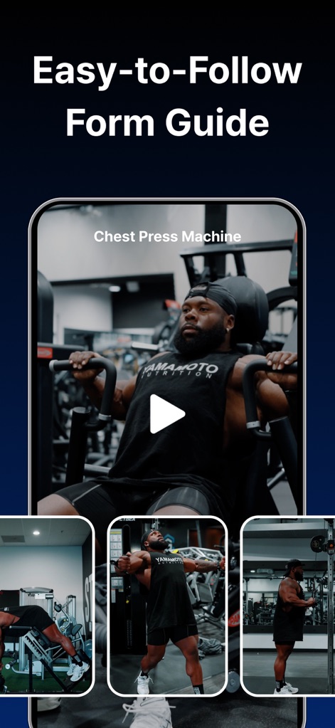Gymwork: Workout Tracker Log - This tool empowers users to master proper exercise technique through a prominent video guide for movements like the "Chest Press Machine" and offers supporting visual examples in a gallery of smaller video thumbnails.