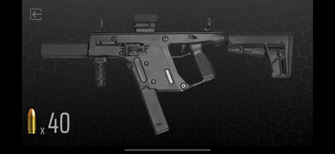 Gun Simulator - Shake to shoot - 이 화면은 현대적인 기관단총과 넉넉한 40발의 총알 수를 보여주어, 사용자가 이 무기의 빠른 연사력과 전투 준비 상태를 상상하게 합니다.