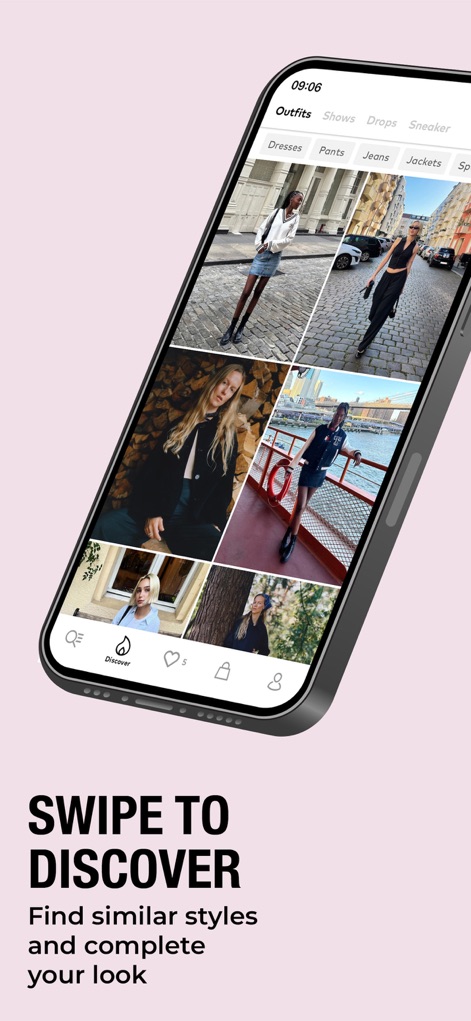 ABOUT YOU Online Fashion Shop - Nutzer können sich durch eine vielfältige Galerie von Outfits inspirieren lassen und schnell zwischen verschiedenen Kategorien wie 'Outfits' und 'Shows' wechseln, um neue Looks zu entdecken.