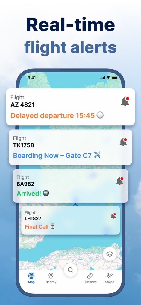 FlightSky: Flight Tracker - A ferramenta mantém os usuários informados com notificações em tempo real, exibindo o status de voos como o AZ 4821 com "Atraso na partida 15:45" e o TK1758 com "Embarque Agora - Portão C7".