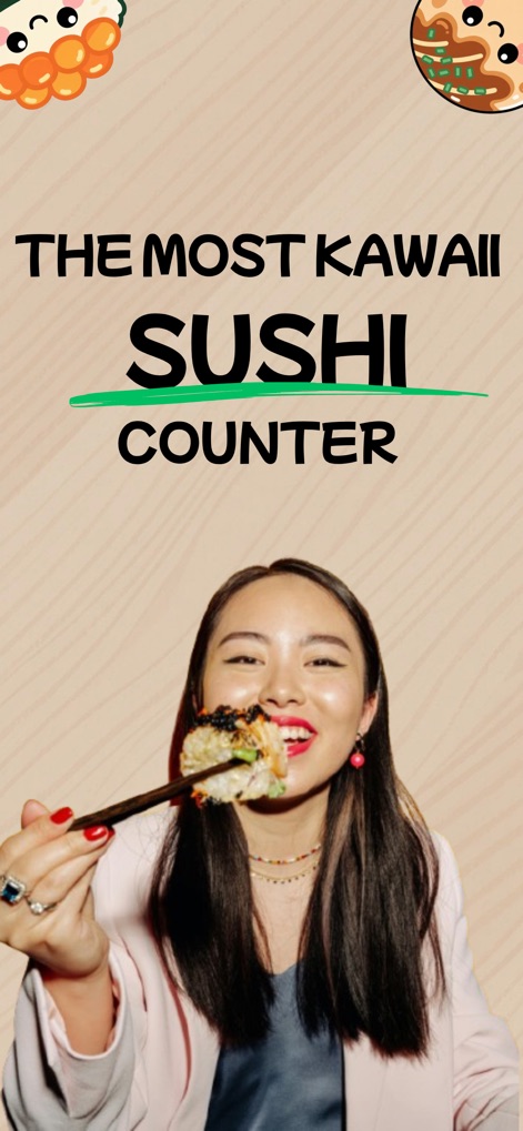 Kawaii Sushi Counter: Kawashi - Experience the app's vibrant kawaii branding and see a user enjoying her sushi, highlighting the target audience's passion.