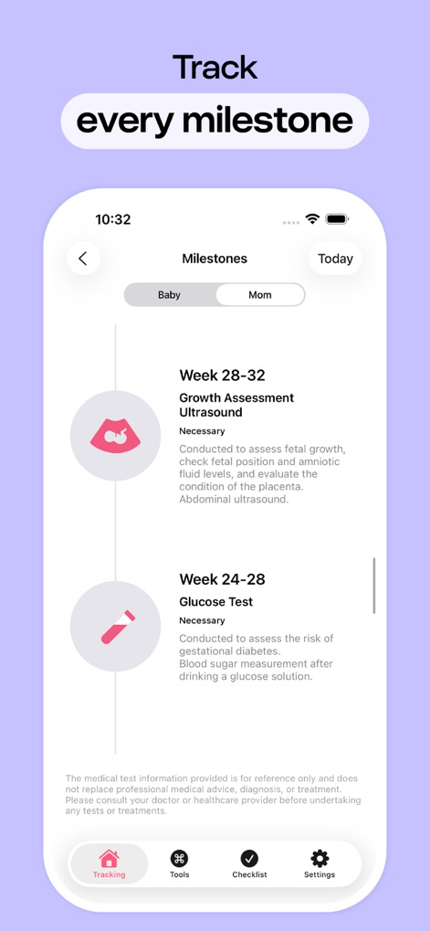Pregnancy Tracker, Due Date - The app outlines crucial milestones for both baby and mom, detailing important events such as the Growth Assessment Ultrasound and Glucose Test.