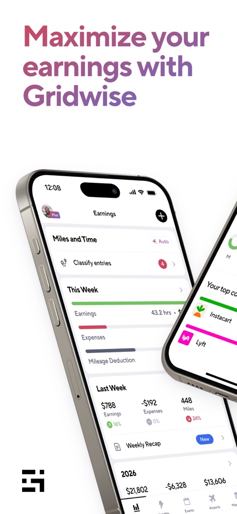 Gridwise: Gig Driver Assistant - Esta vista general presenta un resumen semanal de ingresos y gastos, mostrando claramente las ganancias totales y los descuentos por millaje.