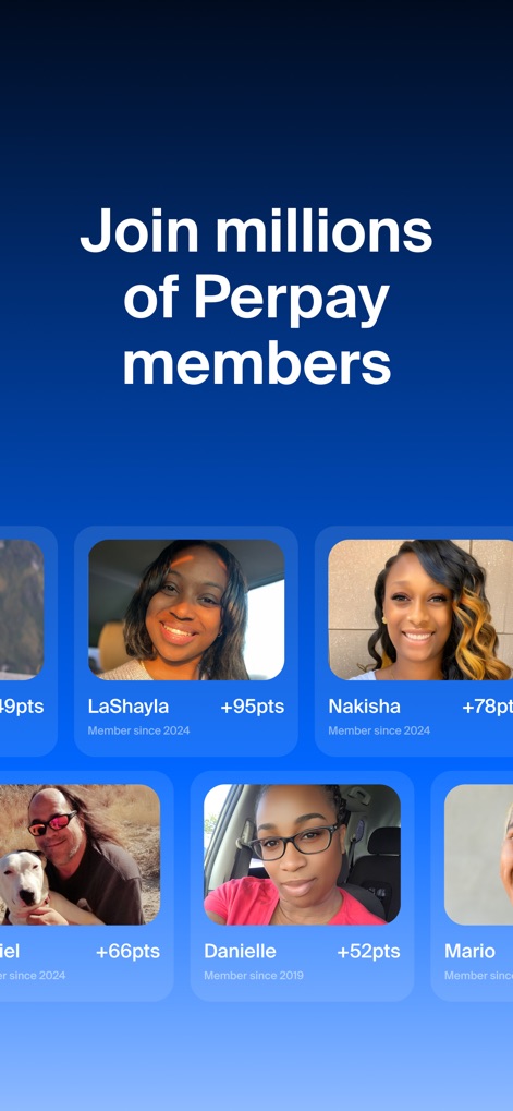 Perpay - Shop and Build Credit - The app proudly displays a collage of diverse member profiles and their associated point gains, illustrating the vast and active "millions of Perpay members".