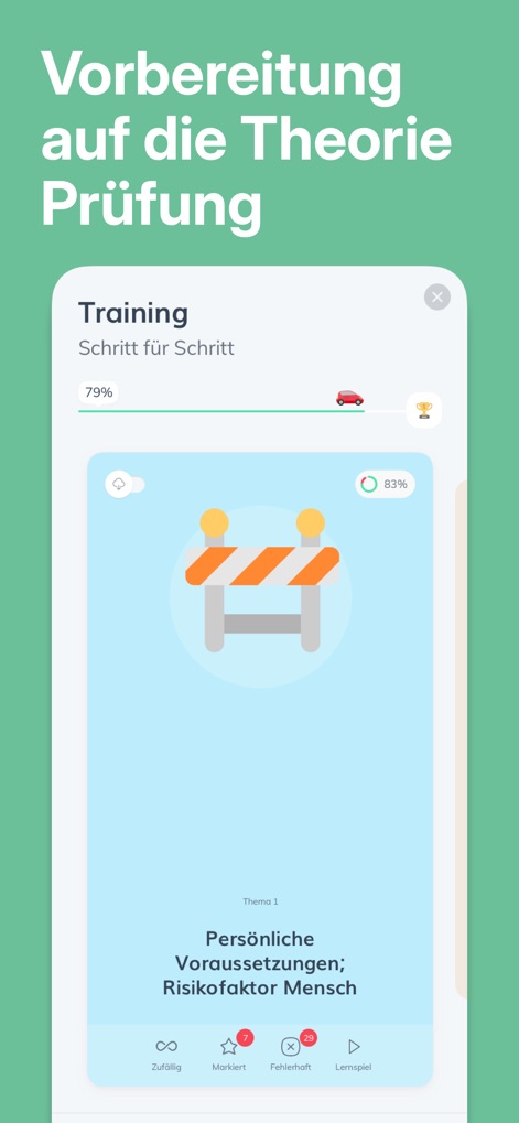 Führerschein ClickClickDrive - Discover the structured training module, offering a clear progress indicator and categorized practice modes for marked or incorrectly answered questions.