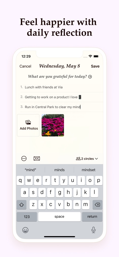 Gratitude Plus – Journal - This screen illustrates the streamlined journaling interface, allowing users to easily record their daily gratitudes and enrich entries by adding photos.
