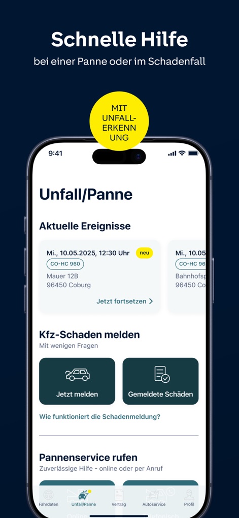 HUK Mein Auto - Access immediate support for accidents or breakdowns, allowing users to report car damage quickly and contact breakdown services directly within the app.