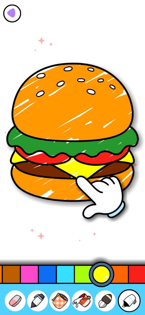Coloring for Kids & Toddlers + - ユーザーは、ハンバーガーのような身近な食べ物のイラストを自由に彩色し、創造的な表現を通じて色彩感覚を磨くことができます。