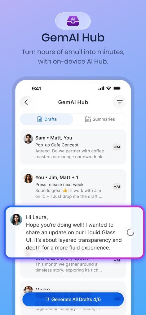 Blue Mail - Email | Calendar - L'app presenta la potente interfaccia "GemAI Hub", dove gli utenti possono gestire bozze e riassunti generati dall'AI, come si vede dal pop-up di un'email in fase di creazione con l'opzione "Generate All Drafts".