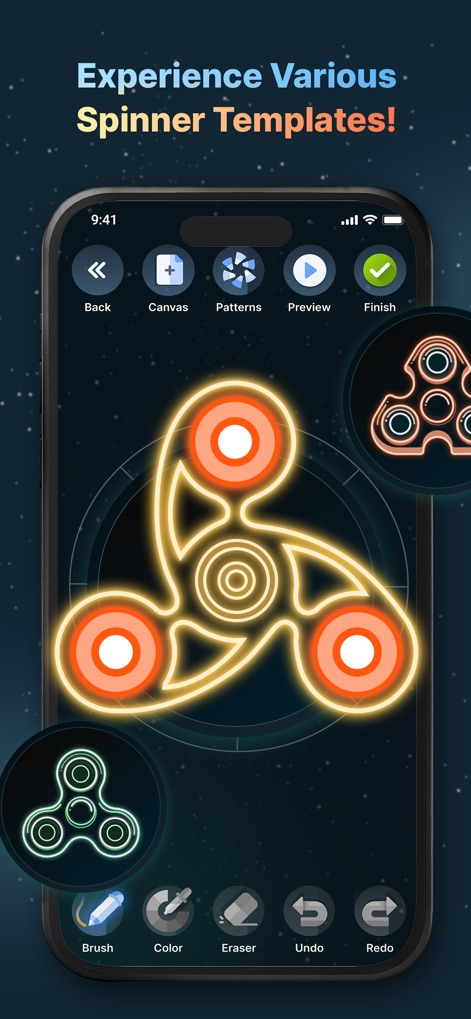 Finger Spinner: Neon Glow Art - 이 스크린샷은 사용자가 다양한 스피너 템플릿 중에서 선택할 수 있음을 보여주며, 특히 중앙의 빛나는 노란색-오렌지색 스피너 디자인이 눈길을 끕니다.