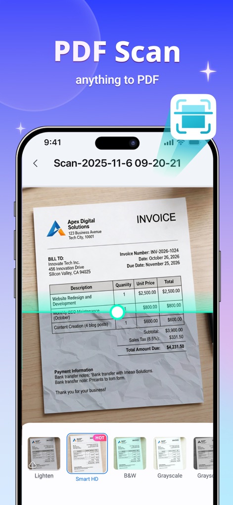 PDFelement: PDF Editor, Viewer - この画面は、紙の請求書をデジタル化する「スキャン」機能を示しており、文書の鮮明さを向上させる「Smart HD」モードや多様なフィルターオプションが利用できることを伝えます。