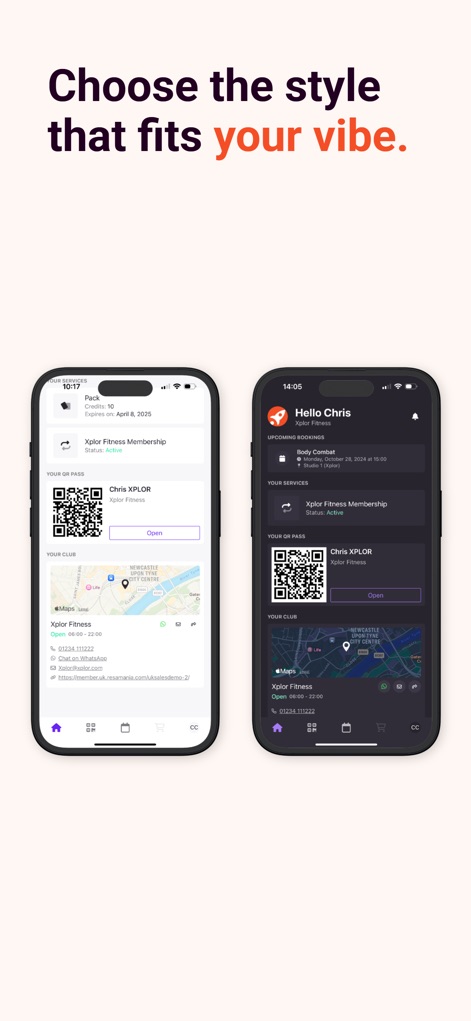Xplor Active - Dieser Screenshot demonstriert die Anpassungsfähigkeit der App, indem er zwei unterschiedliche visuelle Merkmale – das helle und das dunkle Design – des Dashboards gegenüberstellt, wobei beide eine konsistente Benutzeroberfläche beibehalten.
