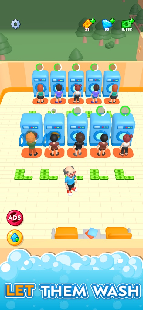 Laundry Rush - Idle Game - Observe the efficient customer management, with patrons actively using multiple washing machines and a staff member overseeing operations.