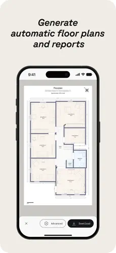 Polycam scanning interface showing a room capture in progress with automatic wall detection