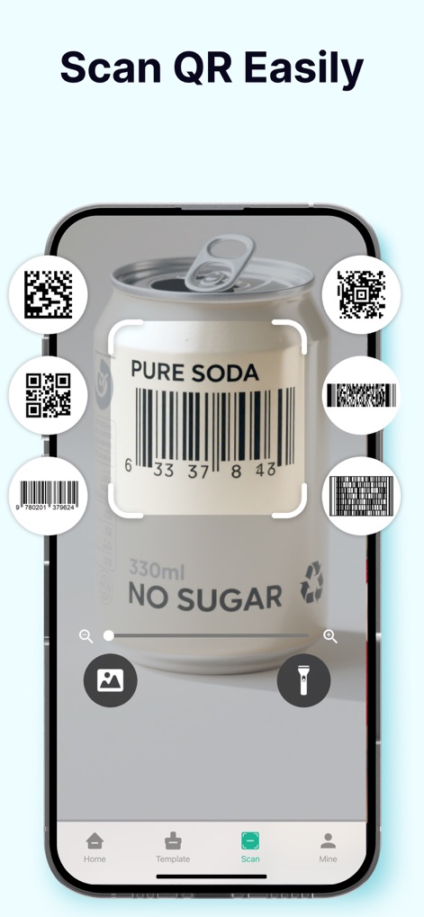 QR Code Generator, QR Template - L'outil intègre un scanner performant pour codes QR et codes-barres, avec la capacité de lire des codes directement depuis la galerie photo et de visualiser différents types de codes scannés, pour une analyse rapide et polyvalente.