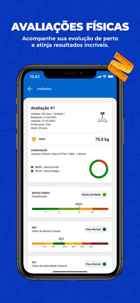 SCA Aluno - Le "AVALIAZIONI FÍSICAS" consentono agli utenti di monitorare i progressi, visualizzando dati chiave come il "PESO 75,0 kg" e offrendo una chiara analisi visiva della "MASSA GRASSA" e "MASSA MAGRA" attraverso grafici intuitivi.