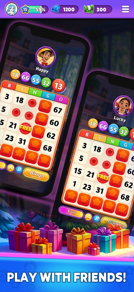 Bingo Legend : Win Real Cash - Observe the dual-screen display featuring distinct player avatars and their active bingo cards, illustrating the app's social and competitive multiplayer experience.