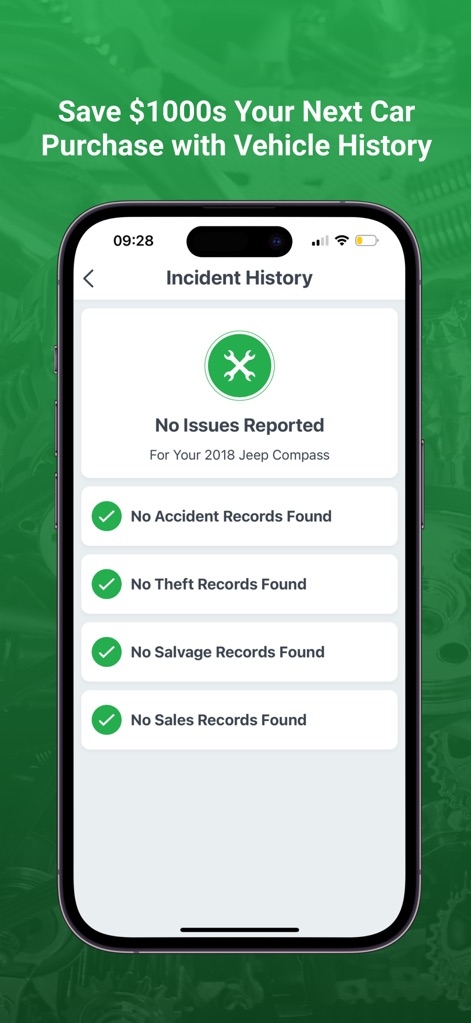 FIXD OBD2 Scanner - Utilize the 'Incident History' feature to view crucial vehicle records, including 'No Accident Records Found' and 'No Theft Records Found', ensuring transparency for car purchases.