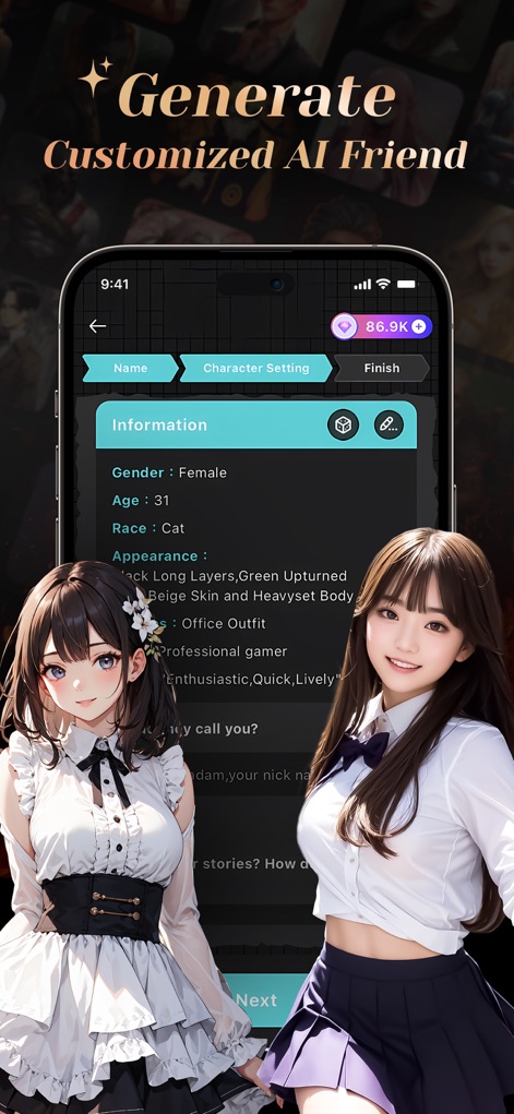 BALA AI - Chat With Soulful AI - Tailor your ideal companion with extensive character customization fields, from gender to appearance, and preview your creation instantly.