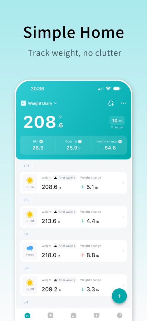 WeightDiary - Track better you - A tela inicial apresenta o peso atual do usuário em destaque e o progresso em relação ao objetivo, com o BMI e o percentual de gordura corporal claramente visíveis.