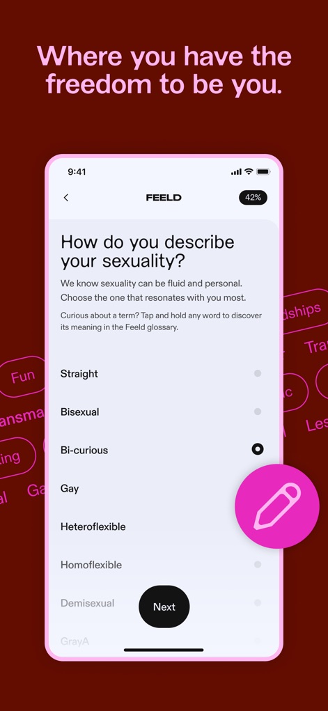 Feeld: Dating for the Curious - La interfaz permite a los usuarios seleccionar entre más de 20 identidades de género y sexualidades, como 'Bisexual' y 'Bi-curious', destacando el compromiso de la aplicación con la diversidad y la personalización.