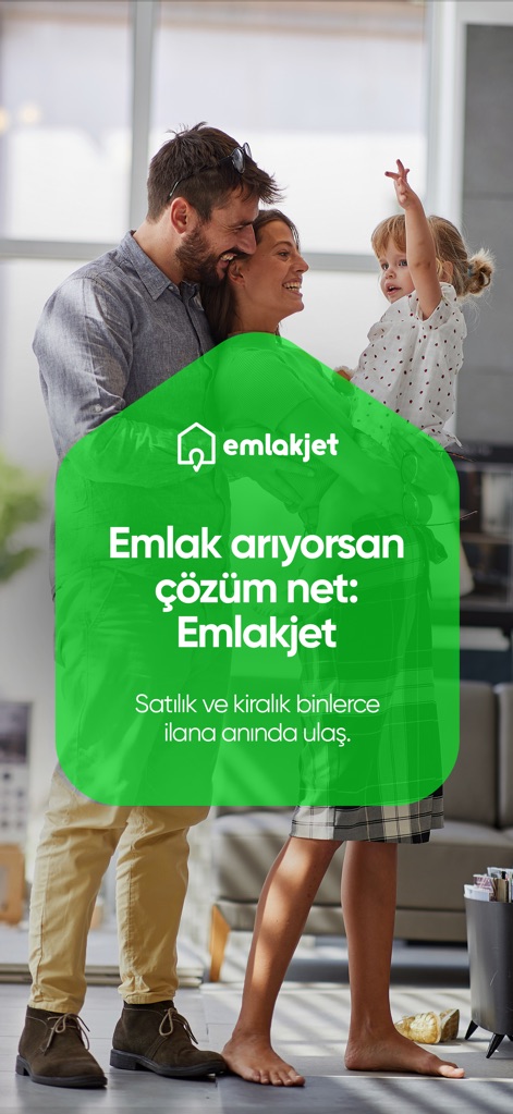 Emlakjet: Emlak Ara & İlan Ver - Die App begrüßt Nutzer mit dem markanten Emlakjet-Logo und zeigt eine glückliche Familie in einem modernen Wohnraum.
