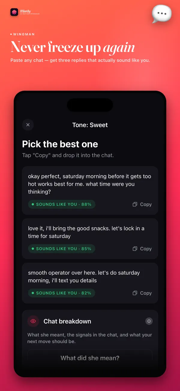 Flirtly AI wingman screen showing tone selection