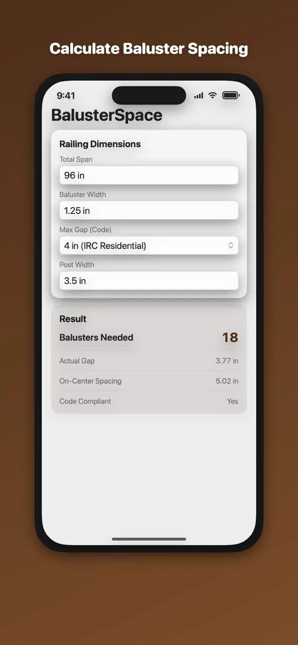 Screenshot #1 pour Baluster Gap & Spacing Calc