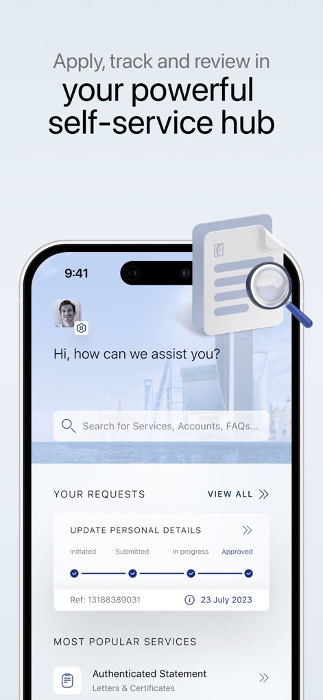 ENBD X - The app features a comprehensive self-service hub, enabling users to search for services and track the progress of their requests, such as updating personal details.