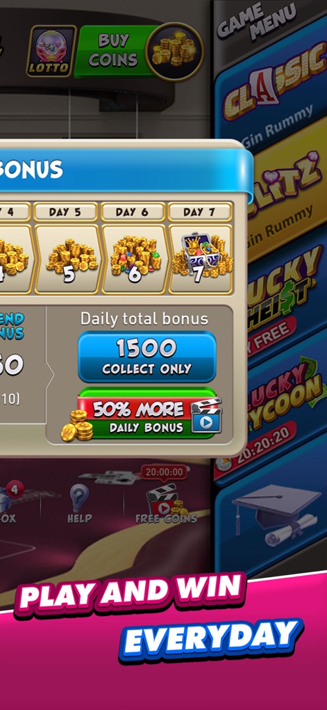 Gin Rummy Plus - Fun Card Game - Players can maximize their earnings through sequential daily bonuses and also access a '50% MORE Daily Bonus' offer for increased rewards.
