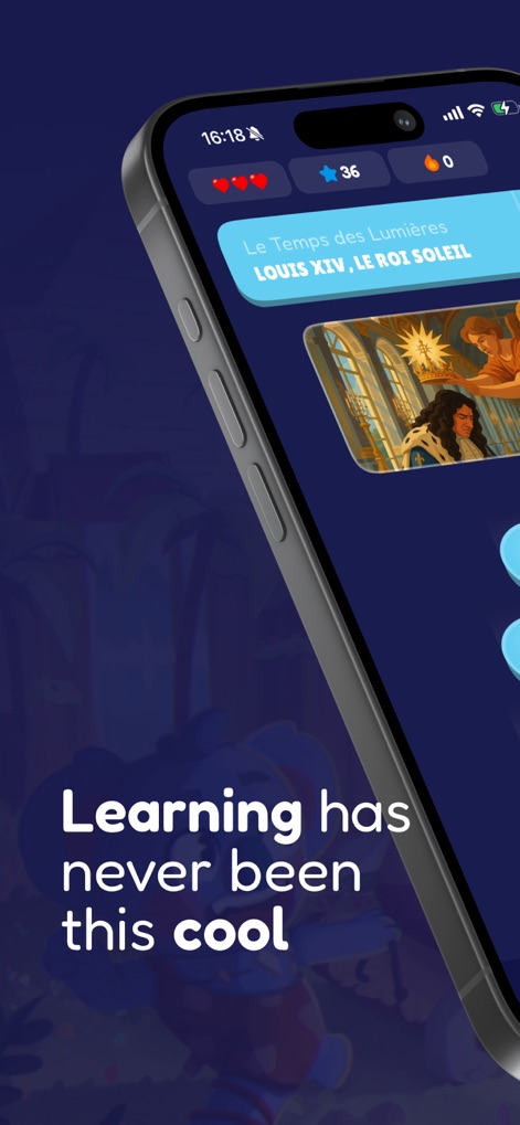 Sapio – General Knowledge - Questo screenshot mostra un capitolo di apprendimento con il titolo "Le Temps des Lumières" e una ricca illustrazione a tema storico, indicando percorsi di conoscenza guidati.