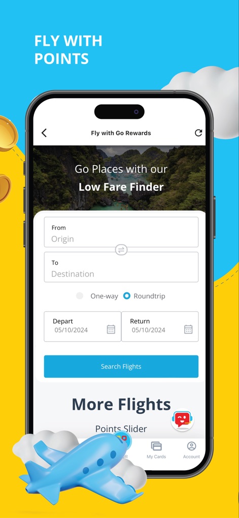 Go Rewards PH - Users can leverage their accumulated points to book flights directly, utilizing the "Low Fare Finder" feature and easily initiating a flight search from the intuitive form.
